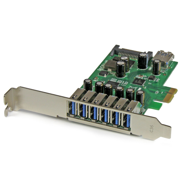 StarTech.com Adaptador tarjeta PCI Express 7 puertos USB 3.0 con alimentación SATA perfil bajo o completo - 7x USB A - Hub Interno - Adaptador USB - PCIe 2.0 - USB, USB 2.0, USB 3.0 - para P/N: ST1030USBM, ST7300USBME