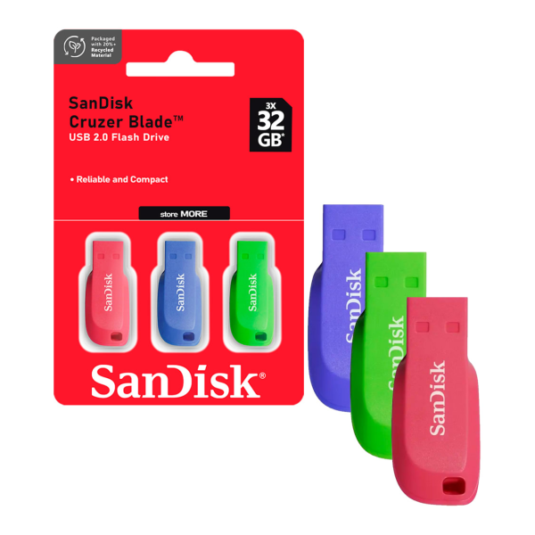 KIT DE 3 PENDRIVE SanDisk Cruzer Blade 32 GB - USB 2.0 - azul, verde, rosa P/N SDCZ50C-032G-B46T