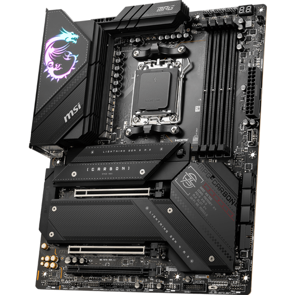 MSI MPG X670E CARBON WIFI Gaming Desktop Motherboard - AMD X670 Chipset - Socket AM5 - ATX - Ryzen 7 Processor Supported - 128 GB DDR5 SDRAM Maximum RAM - DIMM, UDIMM - 4 x Memory Slots - Gigabit Ethernet - 2.5Gigabit Ethernet - IEEE 802.11 a/b/g/n/ac/ax - HDMI - DisplayPort - 6 x SATA Interfaces