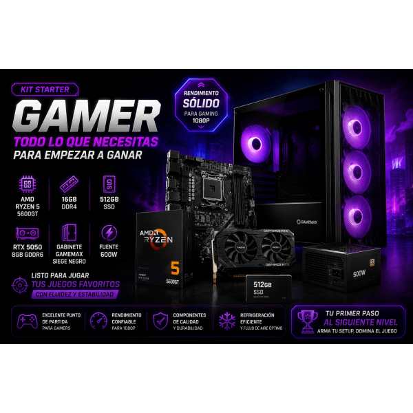KIT STARTER GAMER AMD RYZEN 5600GT / 16GB / 512GB SSD / RTX 5050 8GB / GABINETE GAMEMAX SIEGE NEGRO/ FUENTE 600W