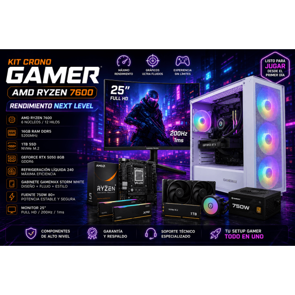 KIT CRONO PLUS AMD RYZEN 7600 / 16GB / 1TB SSD / RTX 5050 8GB / REFRIGERACION LIQUIDA 240 / GABINETE GAMEMAX SIEGE WHITE / FUENTE 750W / MONITOR GIGABYTE 25
