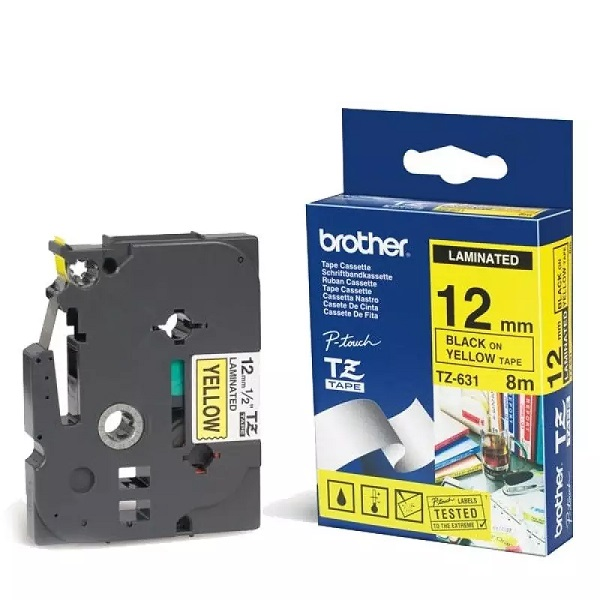 PAPEL BROTHER ADHESIVO ESTáNDAR NEGRO SOBRE AMARILLO  ROLLO (1,2 CM X 8 M) 1 BOBINA(S) TIPO LAMINADO PARA P-TOUCH PT-1880, D200, D450, E110, E550, E800, H110, P300, P900; P-TOUCH CUBE PLUS PT-P710 P/N TZE-631