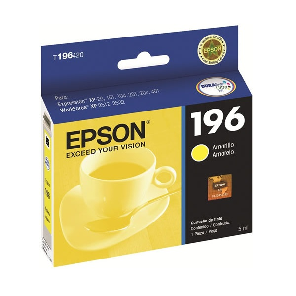 CARTRIDGE EPSON T196 AMARILLO ORIGINAL  CARTUCHO DE TINTA PARA EXPRESSION XP-101, XP-201, XP-211, XP-214, XP-401, XP-411; WORKFORCE WF-2532 P/N T196420-AL