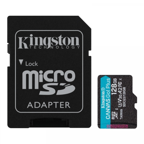 MEMORIA MICROSD KINGSTON CANVAS GO! PLUS (ADAPTADOR MICROSDXC A SD INCLUIDO) 128GB - A2 / VIDEO CLASS V30 / UHS-I U3 / CLASS10 - MICROSDXC UHS-I P/N SDCG3128GB