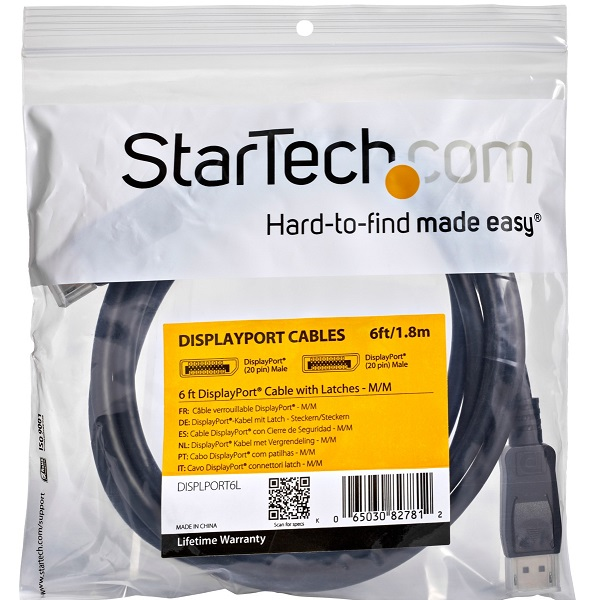 CABLE STARTECH DISPLAYPORT  M A DISPLAYPORT M  CON PESTILLO LATCHES SEGURO CON BLOQUEO 1.8M P/N DISPLPORT6L