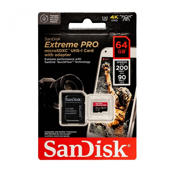 MEMORIA MICROSD SANDISK EXTREME PRO 64GB (ADAPTADOR MICROSDXC A SD INCLUIDO) - A2 / VIDEO CLASS V30 / UHS-I U3 / CLASS10 P/N SDSQXCU-064G-GN6MA