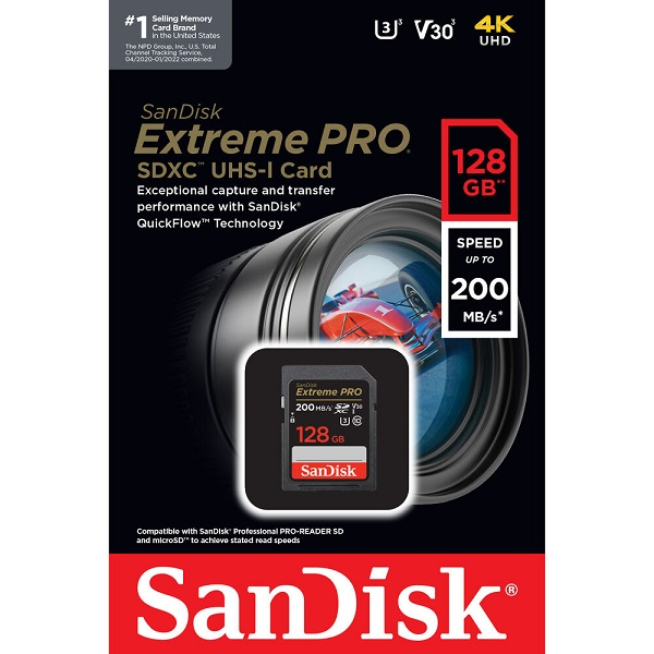MEMORIA SD 128GB SanDiskExtreme PRO SDXC UHS-I Card 200 Mb/s C10U3V3 P/N SDSDXXD-128G-GN4IN
