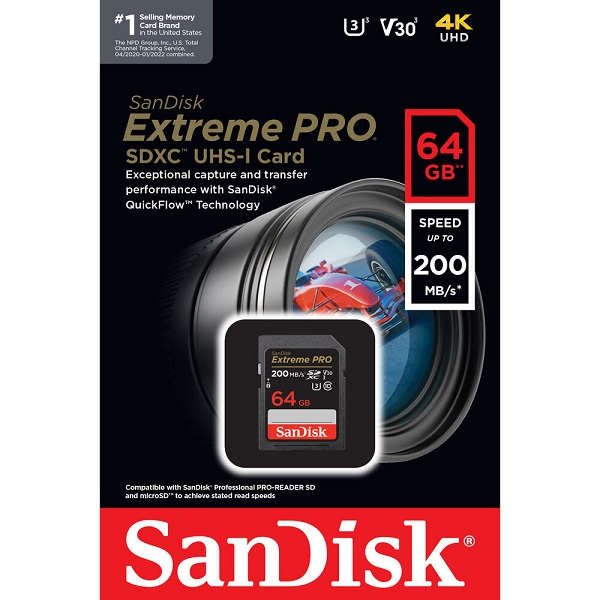 MEMORIA SD 64GB SanDiskExtreme PRO SDXC UHS-I Card 200 Mb/s C10U3V3 P/N SDSDXXU-064G-GN4IN