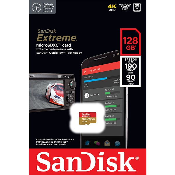 MEMORIA MICROSD 128GB SANDISK UHSI Card C10 A2 U3 V30 P/N SDSQXAA-128G-GN6MA