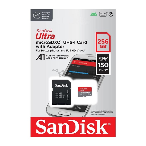 MEMORIA MICRO SD SANDISK ULTRA 256GB - ADAPTADOR MICROSDXC A SD INCLUIDO - A1 / UHS CLASS 1 / CLASS10 - MICROSDXC UHS-I P/N SDSQUAC-256G-GN6MA